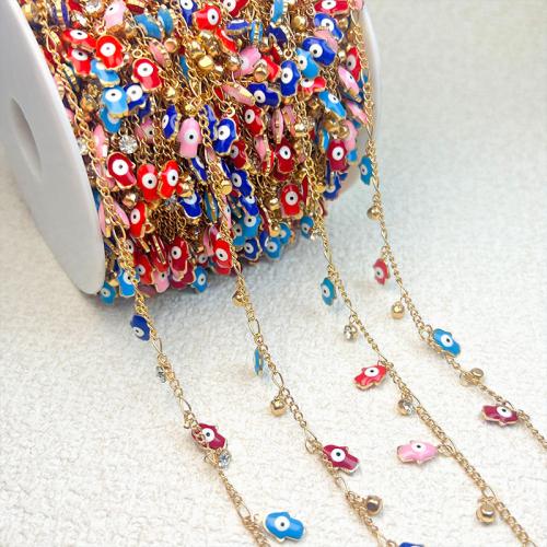 Brass Chain gold color plated DIY & evil eye pattern & enamel & with rhinestone nickel lead & cadmium free Length 1 m Sold By m