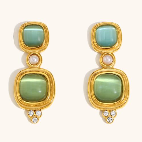 Stainless Steel Drop Earring 304 Stainless Steel with Cats Eye & Plastic Pearl gold color plated for woman & with rhinestone Sold By Pair