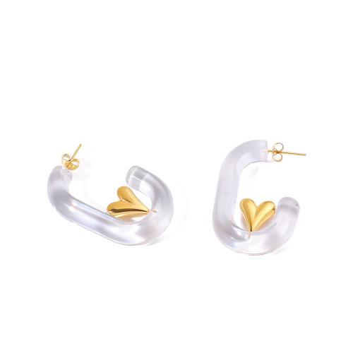 Stainless Steel Stud Earrings 304 Stainless Steel with Acrylic gold color plated fashion jewelry white Sold By Pair