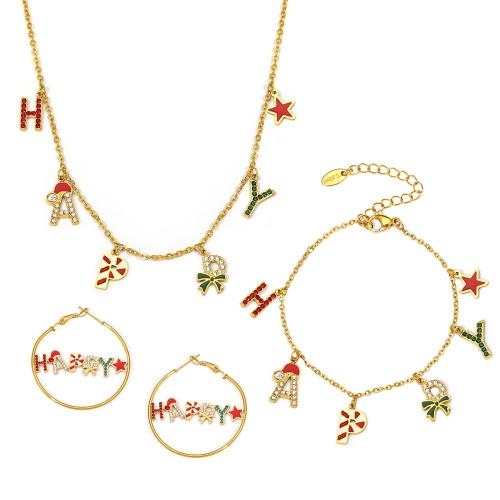 Fashion Stainless Steel Jewelry Sets 304 Stainless Steel gold color plated fashion jewelry & micro pave cubic zirconia & enamel Sold By PC