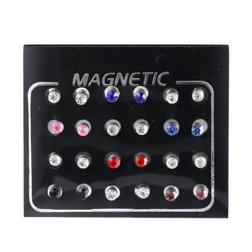 Magnetic Earring Zinc Alloy plated 12 pieces & fashion jewelry & with rhinestone mixed colors Sold By Set