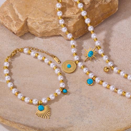 Plastic Bracelet 304 Stainless Steel with turquoise & Plastic Pearl plated fashion jewelry & for woman golden Sold By PC