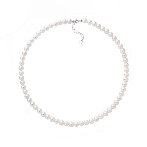 Natural Freshwater Pearl Necklace Round silver color plated with packing box & for woman Length 45 cm Sold By PC