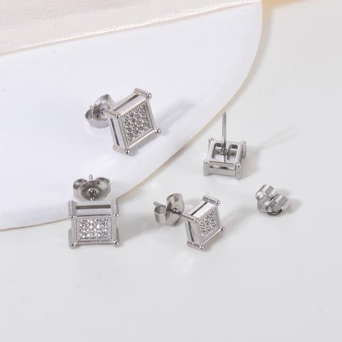 Stainless Steel Stud Earrings 304 Stainless Steel silver color plated & for woman & with rhinestone Sold By Pair