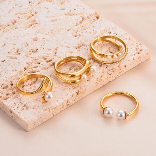 Rhinestone Stainless Steel Finger Ring 304 Stainless Steel with Plastic Pearl gold color plated & for woman & with rhinestone Sold By PC