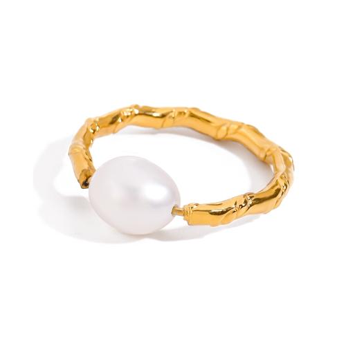 Stainless Steel Finger Ring 304 Stainless Steel with Plastic Pearl gold color plated fashion jewelry golden Sold By PC