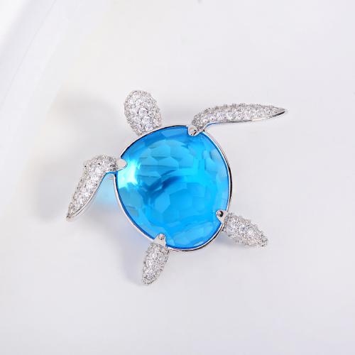 Cubic Zirconia Spilla, ottone, Tartaruga, placcato color argento, gioielli di moda & Micro spianare cubic zirconia, blu, assenza di nichel,piombo&cadmio, 42x32mm, Venduto da PC