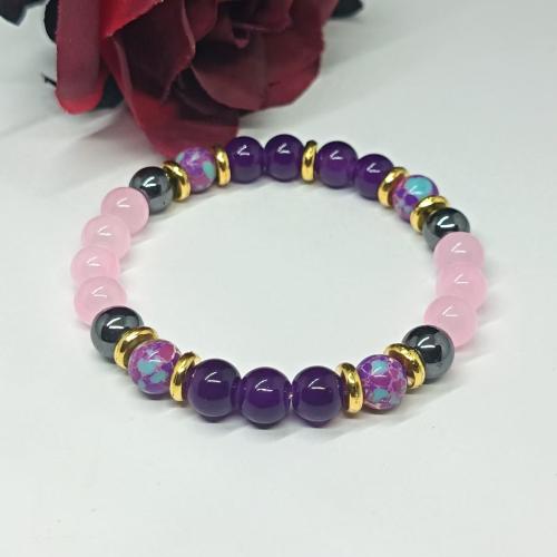 Glas perler armbånd, med turkis & Impression Jasper, Runde, Unisex, blandede farver, Solgt af PC