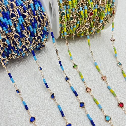 Messing Necklace Ketting, met Seedbead & Glas, Hart, gold plated, DIY, meer kleuren voor de keuze, nikkel, lood en cadmium vrij, Lengte 1 m, Verkocht door m