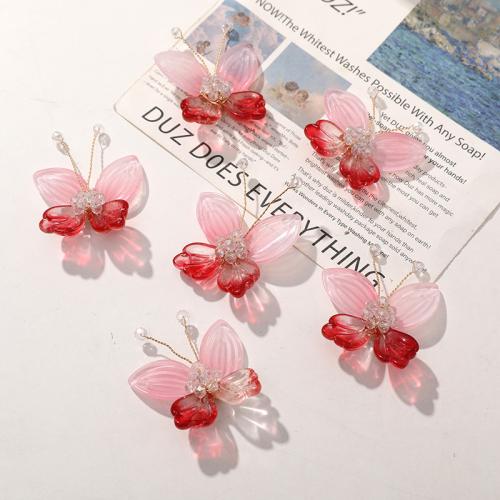 Accessoires pour cheveux résultats bricolage, verre, avec fil en laiton, papillon, DIY, rose, 35x30mm, Vendu par PC