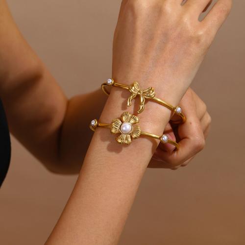 304 Stainless Steel Cuff Bangle with Plastic Pearl gold color plated fashion jewelry golden Sold By PC