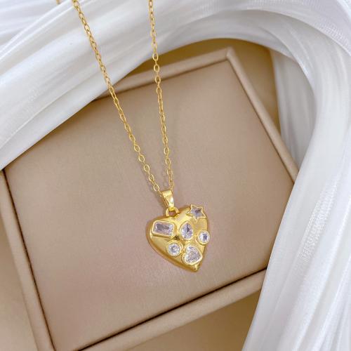 Titanium Steel Necklace with Brass Heart gold color plated fashion jewelry & with rhinestone golden Sold By PC