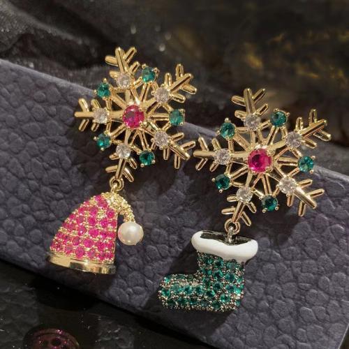 Christmas Earrings Brass with Plastic Pearl Vacuum Ion Plating for woman & with rhinestone Sold By Pair