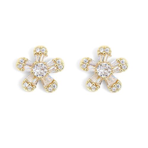 Brass Stud Earring Flower plated micro pave cubic zirconia & for woman 10mm Sold By Pair