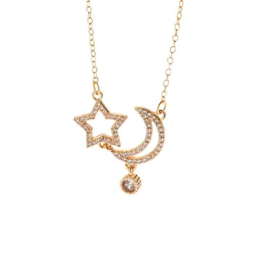 Stainless Steel Jewelry Necklace 304 Stainless Steel Moon and Star micro pave cubic zirconia & for woman & hollow golden Sold By PC