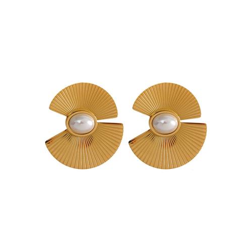 Stainless Steel Stud Earrings 304 Stainless Steel with Plastic Pearl Flower plated fashion jewelry & for woman golden Sold By Pair