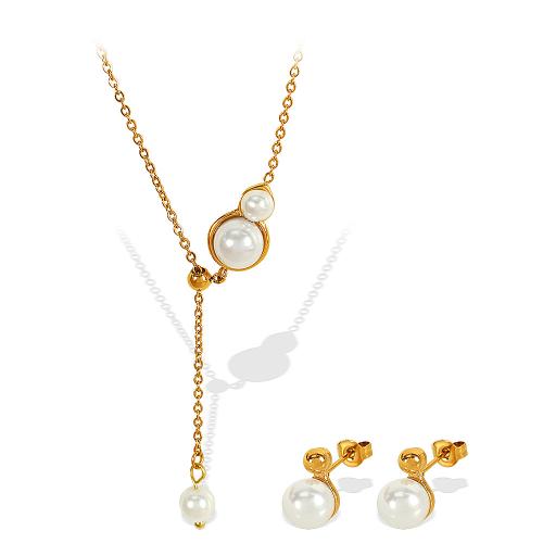 Fashion Stainless Steel Jewelry Sets 304 Stainless Steel with Plastic Pearl plated fashion jewelry & for woman golden Sold By PC