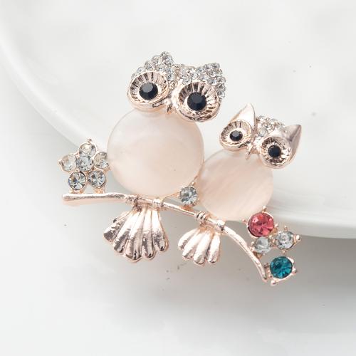 Cats Eye Brooch Zinc Alloy with Crystal Owl for woman & with rhinestone mixed colors Sold By PC