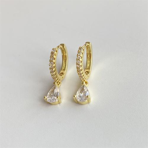 Brass Huggie Hoop Drop Earring Teardrop gold color plated micro pave cubic zirconia & for woman Sold By Pair