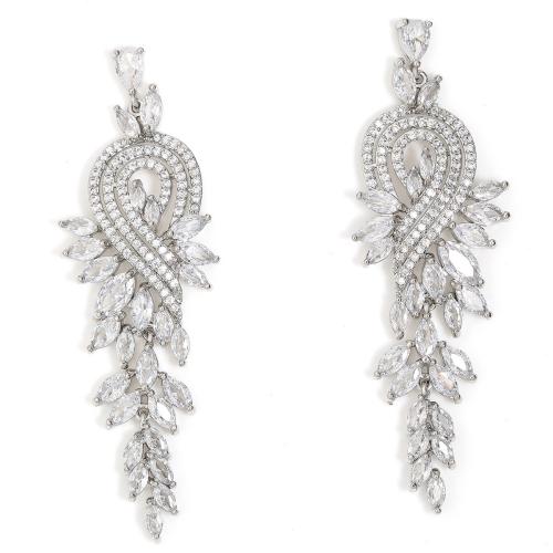 Brass Drop Earring Leaf plated micro pave cubic zirconia & for woman 90mm Sold By Pair