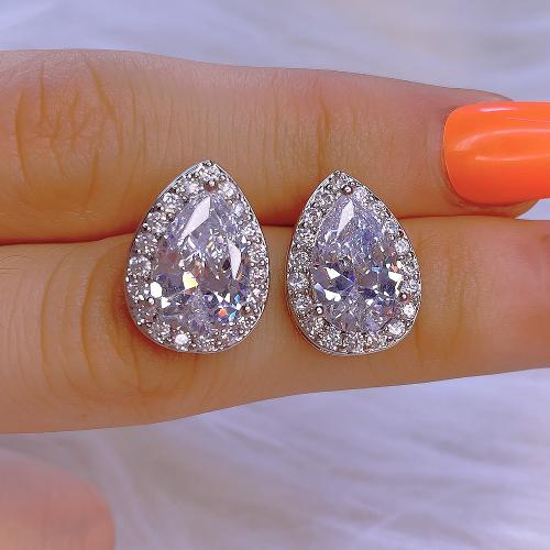 Brass Stud Earring Teardrop silver color plated micro pave cubic zirconia & for woman Sold By Pair