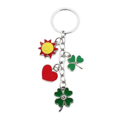 Zinc Alloy Key Clasp Four Leaf Clover plated Unisex & enamel & with rhinestone key clasp length 70-100mm Sold By PC