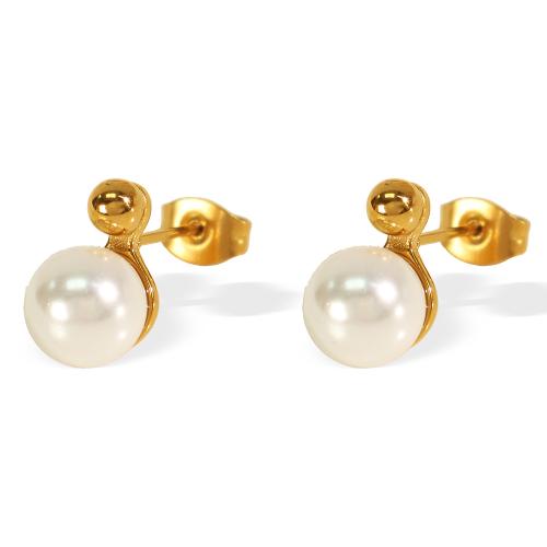 Stainless Steel Stud Earrings 304 Stainless Steel with Plastic Pearl plated fashion jewelry & for woman golden Sold By Pair