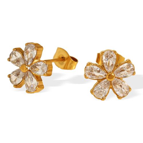 Stainless Steel Stud Earrings 304 Stainless Steel with Cubic Zirconia Flower plated fashion jewelry & for woman golden Sold By Pair