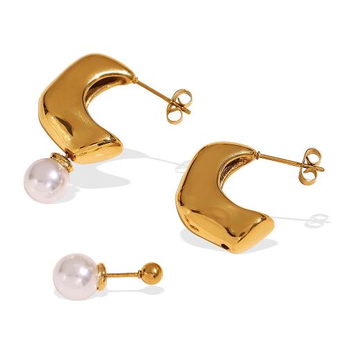 Stainless Steel Stud Earrings 304 Stainless Steel with Plastic Pearl plated fashion jewelry & for woman golden Sold By Pair