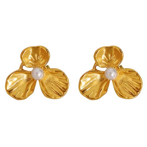 Boucle d'oreille de gaujon en acier inoxydable, Acier inoxydable 304, avec perle de plastique, fleur, Plaqué or 18K, bijoux de mode & pour femme, Vendu par paire