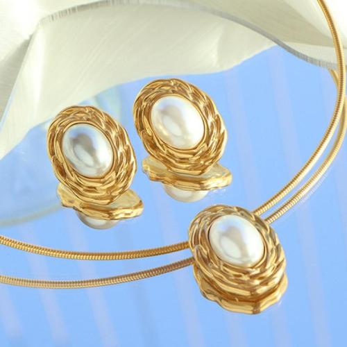 Fashion Stainless Steel Jewelry Sets 304 Stainless Steel with Plastic Pearl plated fashion jewelry & for woman golden Sold By PC