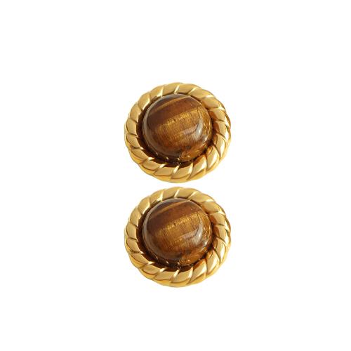 Stainless Steel Stud Earrings 304 Stainless Steel with Tiger Eye Round plated fashion jewelry & for woman golden Sold By Pair