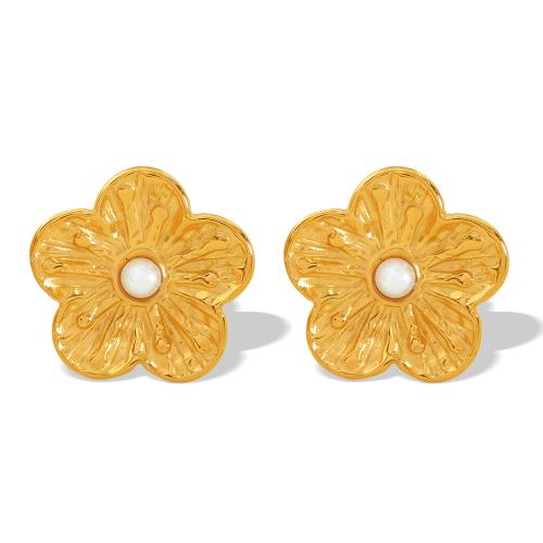 Boucle d'oreille de gaujon en acier inoxydable, Acier inoxydable 304, avec perle de plastique, fleur, Placage de couleur d'or, bijoux de mode & pour femme, Vendu par paire