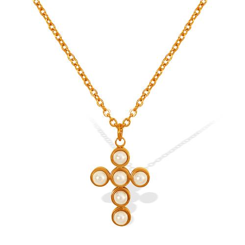 Stainless Steel Jewelry Necklace 304 Stainless Steel with Plastic Pearl with 5cm extender chain Cross for woman golden Length 40 cm Sold By PC