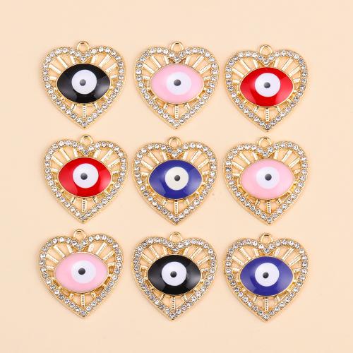 Zinc Alloy Rhinestone Pendler, Heart, guldfarve belagt, du kan DIY & onde øje mønster & emalje & med rhinestone, flere farver til valg, nikkel, bly & cadmium fri, Solgt af PC