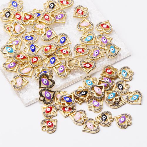 Zinc Alloy Rhinestone Pendler, Heart, guldfarve belagt, du kan DIY & onde øje mønster & emalje & med rhinestone, flere farver til valg, nikkel, bly & cadmium fri, 100PC/Bag, Solgt af Bag