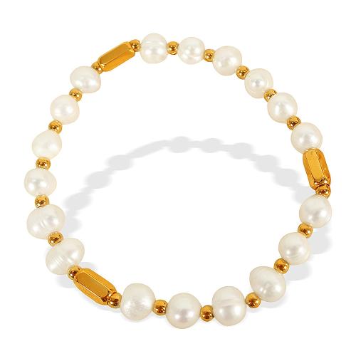 Stainless Steel Jewelry Bracelet 304 Stainless Steel with Freshwater Pearl plated fashion jewelry & for woman golden Sold By PC