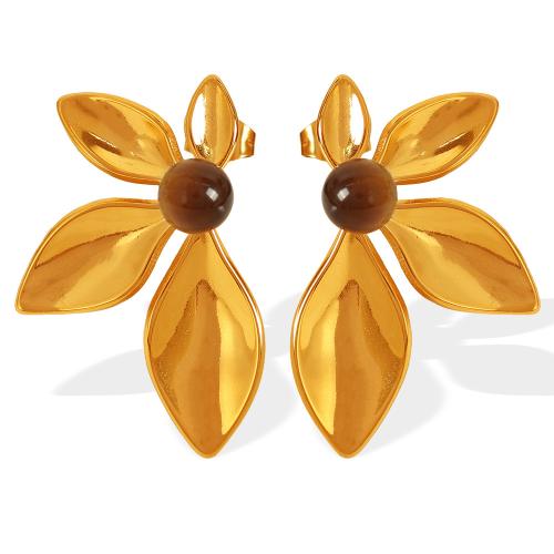 Stainless Steel Stud Earrings 304 Stainless Steel with Glass Stone Flower plated fashion jewelry & for woman golden Sold By Pair