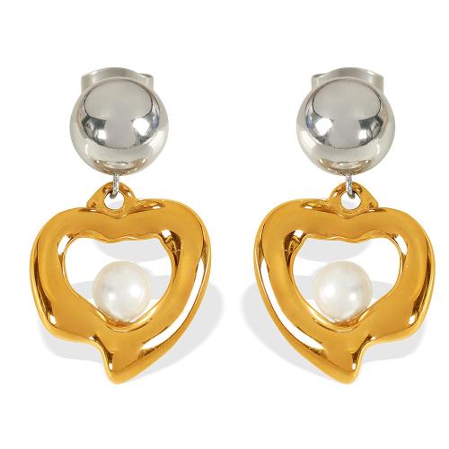 Stainless Steel Stud Earrings 304 Stainless Steel with Glass Beads Heart plated for woman & two tone & hollow Sold By Pair