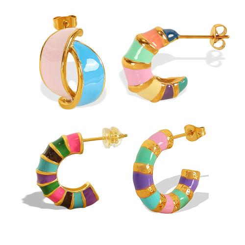 Stainless Steel Stud Earrings 304 Stainless Steel gold color plated & for woman & enamel multi-colored Sold By Pair