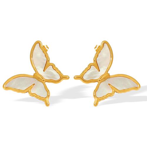 Stainless Steel Stud Earrings 304 Stainless Steel with White Shell Butterfly 18K gold plated fashion jewelry & for woman Sold By Pair