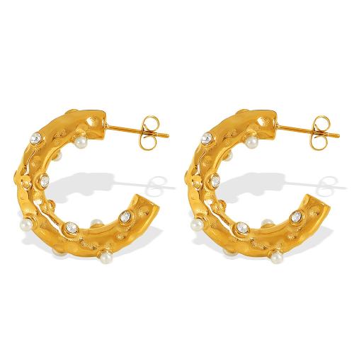 Pendientes de Acero Inoxidable, acero inoxidable 304, con Perlas plásticas, 18K chapado en oro, Joyería & para mujer & con diamantes de imitación, Vendido por Par