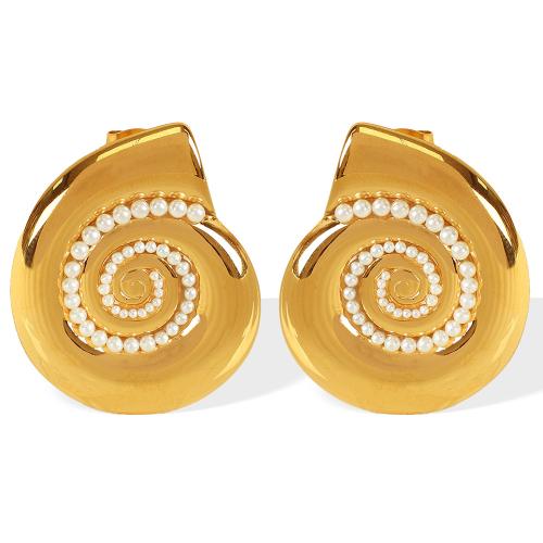 Stainless Steel Stud Earrings 304 Stainless Steel with Plastic Pearl Conch plated fashion jewelry & for woman Sold By Pair