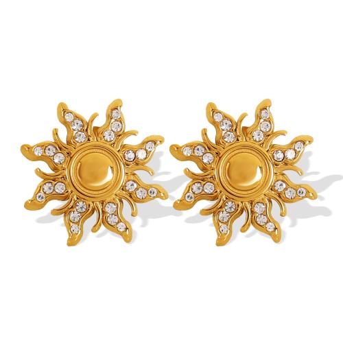 Stainless Steel Stud Earrings 304 Stainless Steel Flower plated fashion jewelry & for woman & with rhinestone golden Sold By Pair