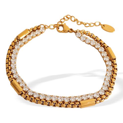 Roestvrij staal armbanden, 304 roestvrij staal, met Cubic Zirconia, met 5cm extender keten, plated, Dubbele laag & mode sieraden & voor vrouw, gouden, Lengte 15 cm, Verkocht door PC