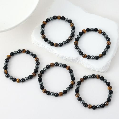 Gemstone Bracelets Obsidian with Tiger Eye & Hematite fashion jewelry & elastic & Unisex mixed colors 8mm Length Approx 19 cm Sold By PC