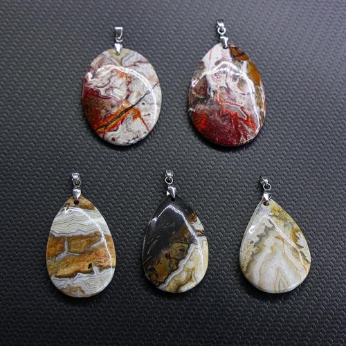 Agat smykker Vedhæng, Crazy Agate, med Jern & 304 rustfrit stål, Teardrop, du kan DIY, Tilfældig farve, 35x53mm, Solgt af PC