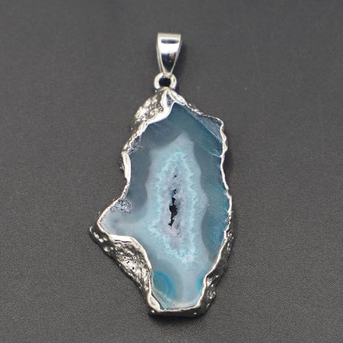 Agate Jewelry Pendants Brazil Agate with Brass irregular silver color plated DIY blue mmu00d735-20mmu00d76mm Sold By PC