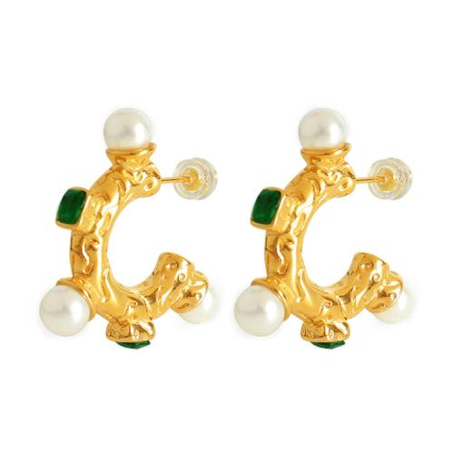 Roestvrij staal Stud Earrings, 304 roestvrij staal, met Plastic Pearl, mode sieraden & micro pave zirconia & voor vrouw, gouden, 24x30mm, Verkocht door pair