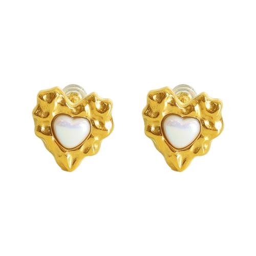 Roestvrij staal Stud Earrings, 304 roestvrij staal, met Plastic Pearl, Hart, plated, mode sieraden & voor vrouw, gouden, 15x15mm, Verkocht door pair